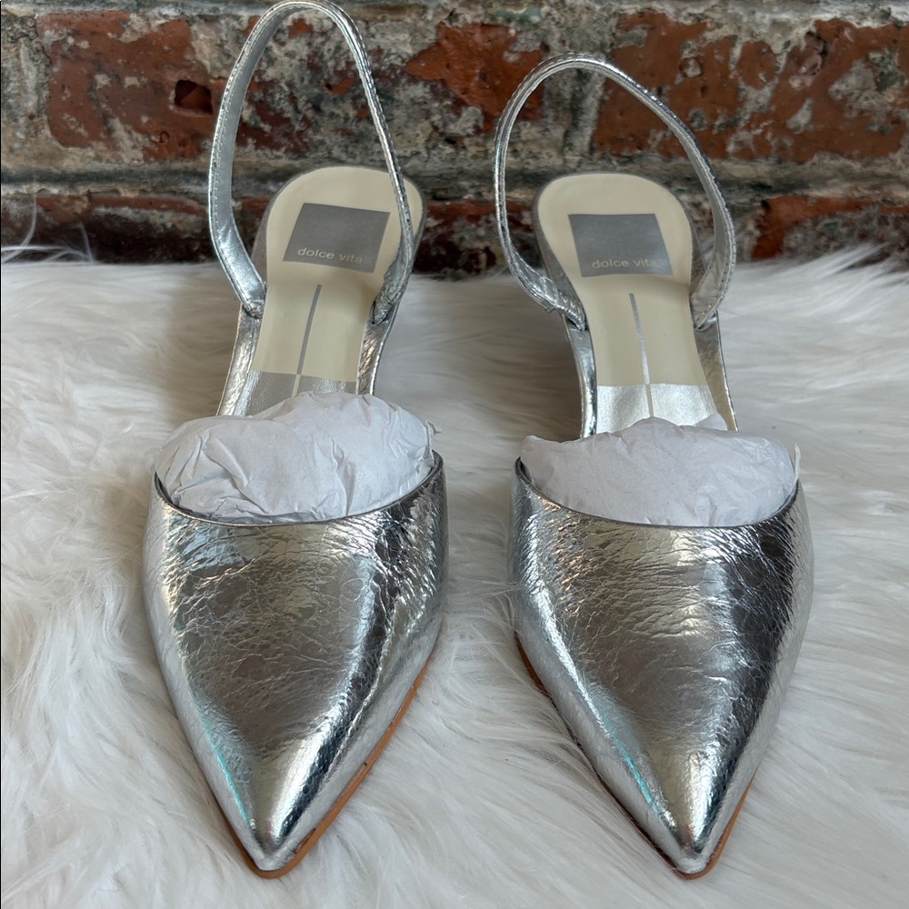Dolce Vita Corsa Metallic Silver Crackle Slingback Heels